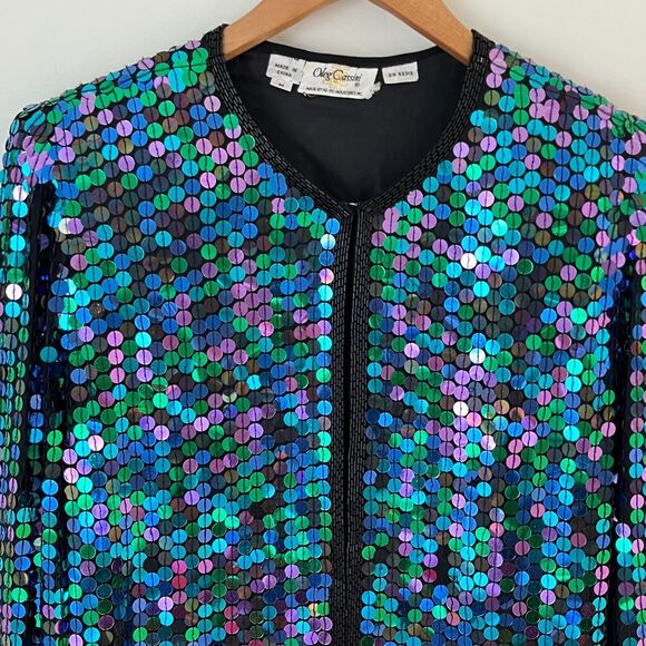 VTG Oleg Cassini All Over Sequin Silk Jacket Glam Evening Colorful Oversized M - Picture 4 of 15
